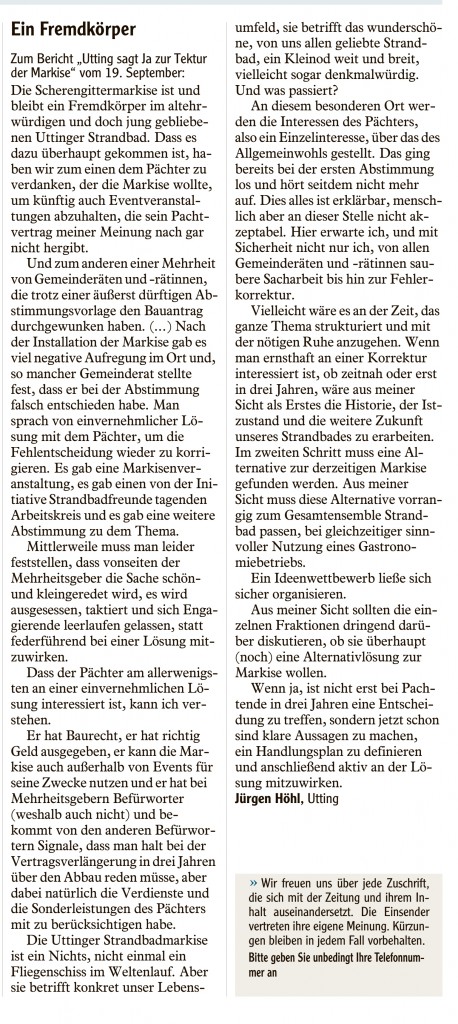 Ein Fremdkörper - Leserbrief Landsberger Tagblatt 02.10.2015 Jürgen Höhl